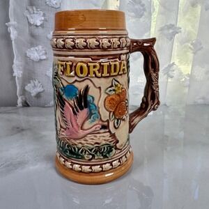 Vintage Florida Ceramic Beer Stein Mug Souvenir Flamingo Sailfish Arrib Japan